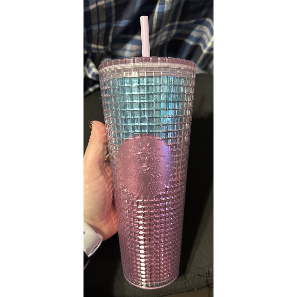 Starbucks Summer 2021 Pink and Teal Grid Tumbler 24oz Venti Iridescent Mermaid